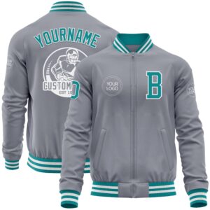 Custom Gray Teal White Bomber Varsity Baseball&hellip;