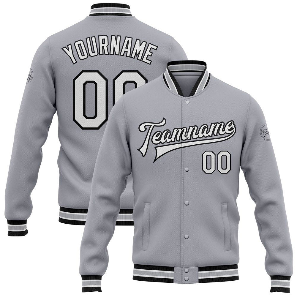Custom Gray White Black Bomber Full Snap Baseball Jacket, Custom Team Jacket
