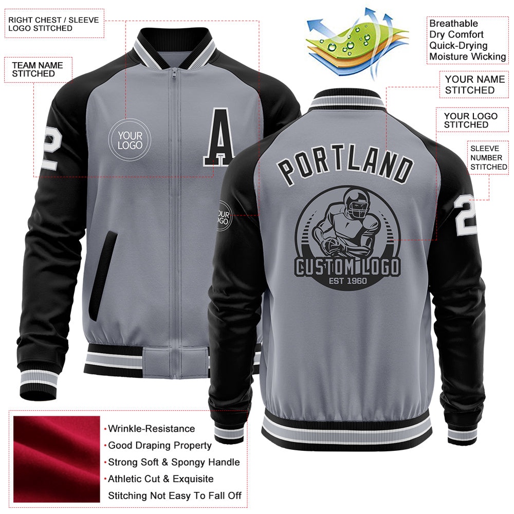 Custom Gray White Black Bomber Varsity Baseball Jacket, Custom Team Jacket