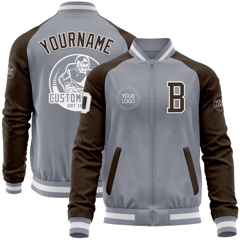 Custom Gray White Brown Varsity Baseball Jacket, Custom Team Jacket