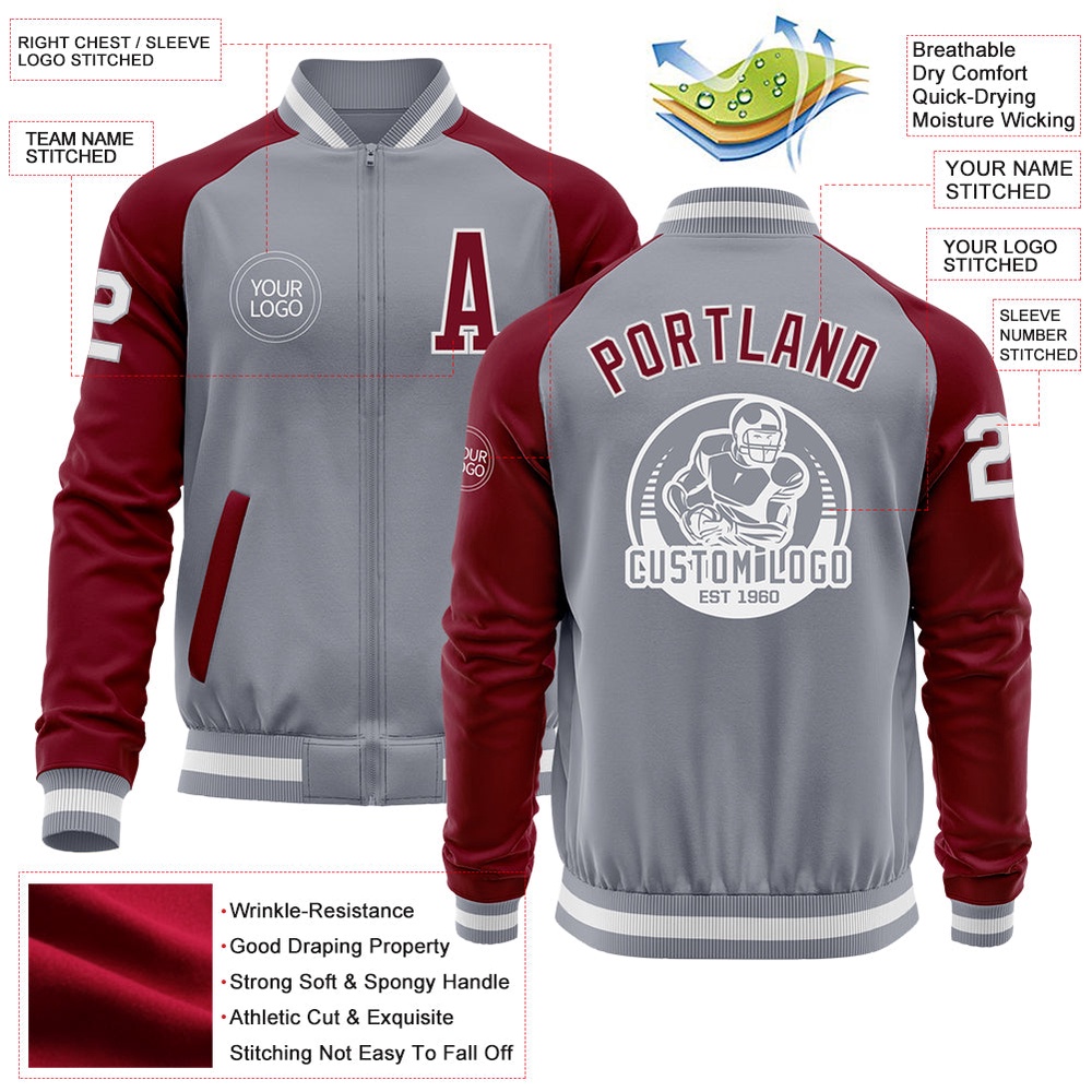 Custom Gray White Crimson Varsity Baseball Jacket, Custom Team Jacket
