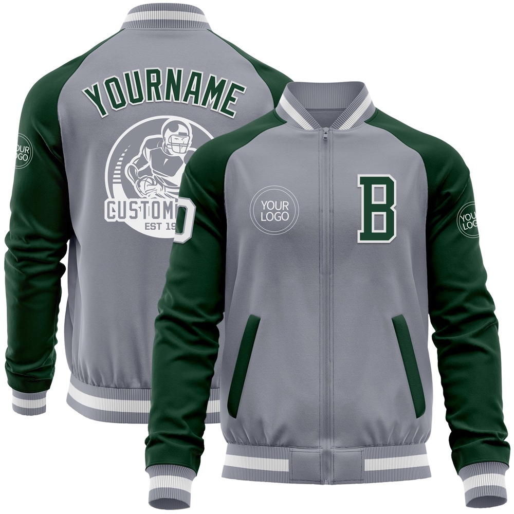 Custom Gray White Green Bomber Varsity Baseball Jacket, Custom Team Jacket