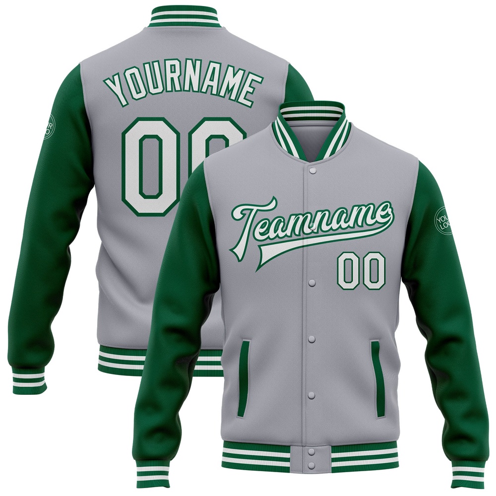 Custom Gray White Kelly Green Bomber Full Snap Varsity Baseball Jacket, Custom Team Jacket