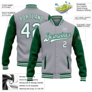 Custom Gray White Kelly Green Bomber Full Snap Varsity Baseball Jacket Custom Team Jacket 2 gs9uth.jpg