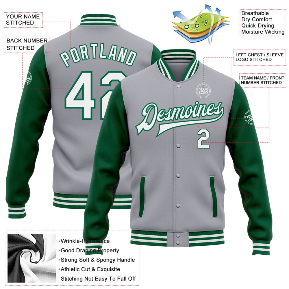 Custom Gray White Kelly Green Bomber Full Snap Varsity Baseball Jacket, Custom Team Jacket