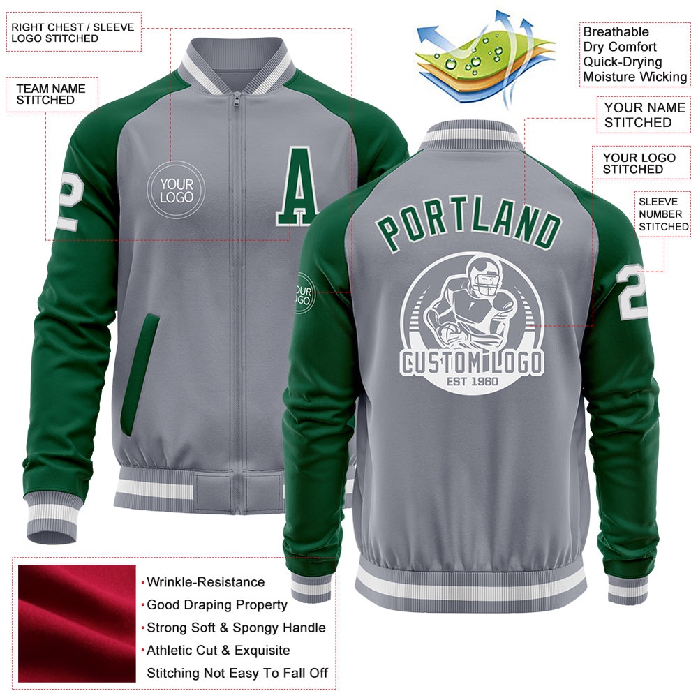 Custom Gray White Kelly Green Varsity Baseball Jacket, Custom Team Jacket