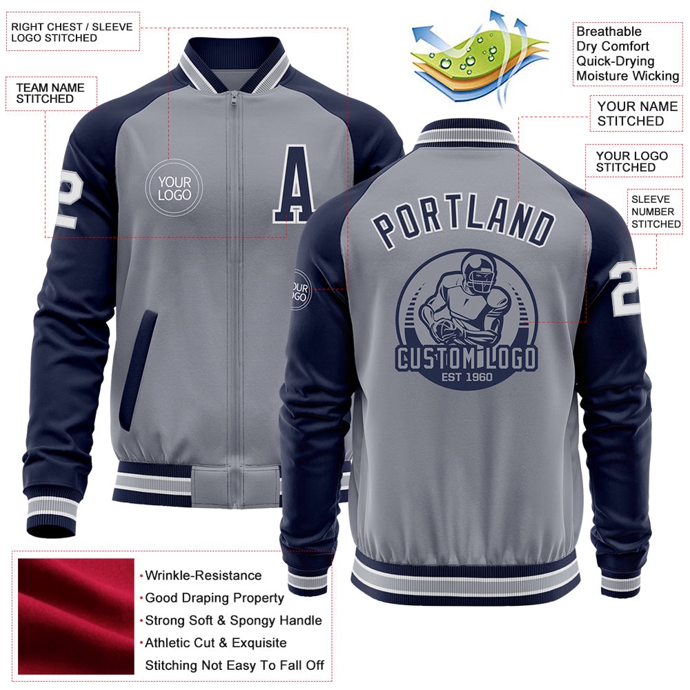 Custom Gray White Navy Varsity Baseball Jacket, Custom Team Jacket