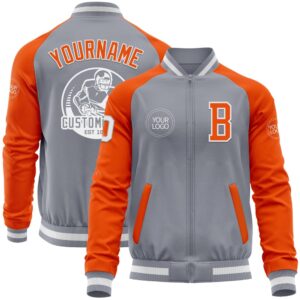 Custom Gray White Orange Bomber Varsity Baseball&hellip;