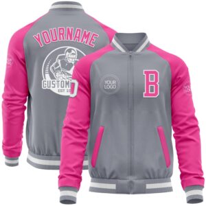 Custom Gray White Pink Bomber Varsity Baseball&hellip;