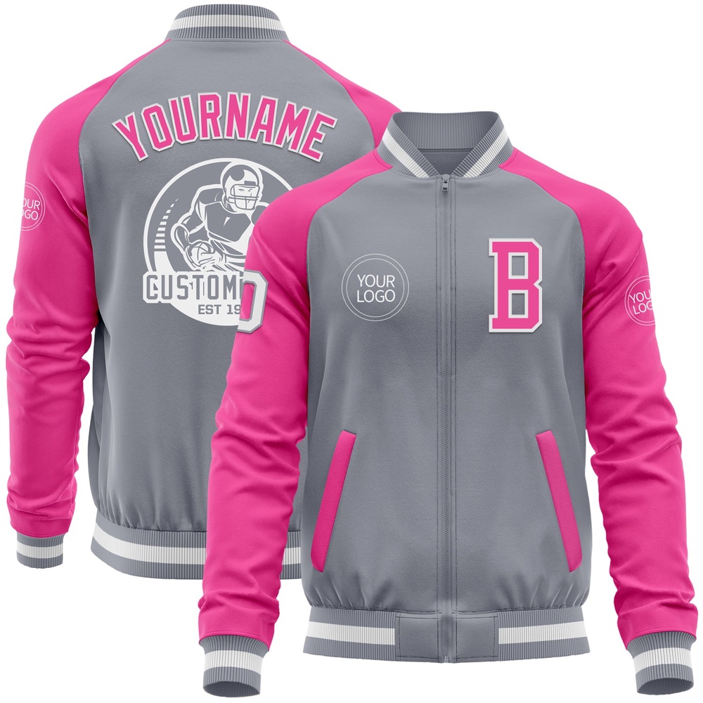 Custom Gray White Pink Bomber Varsity Baseball Jacket, Custom Team Jacket