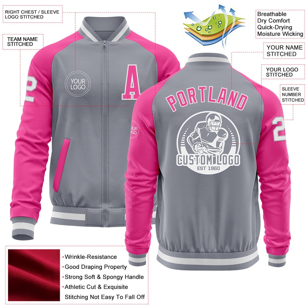 Custom Gray White Pink Bomber Varsity Baseball Jacket, Custom Team Jacket