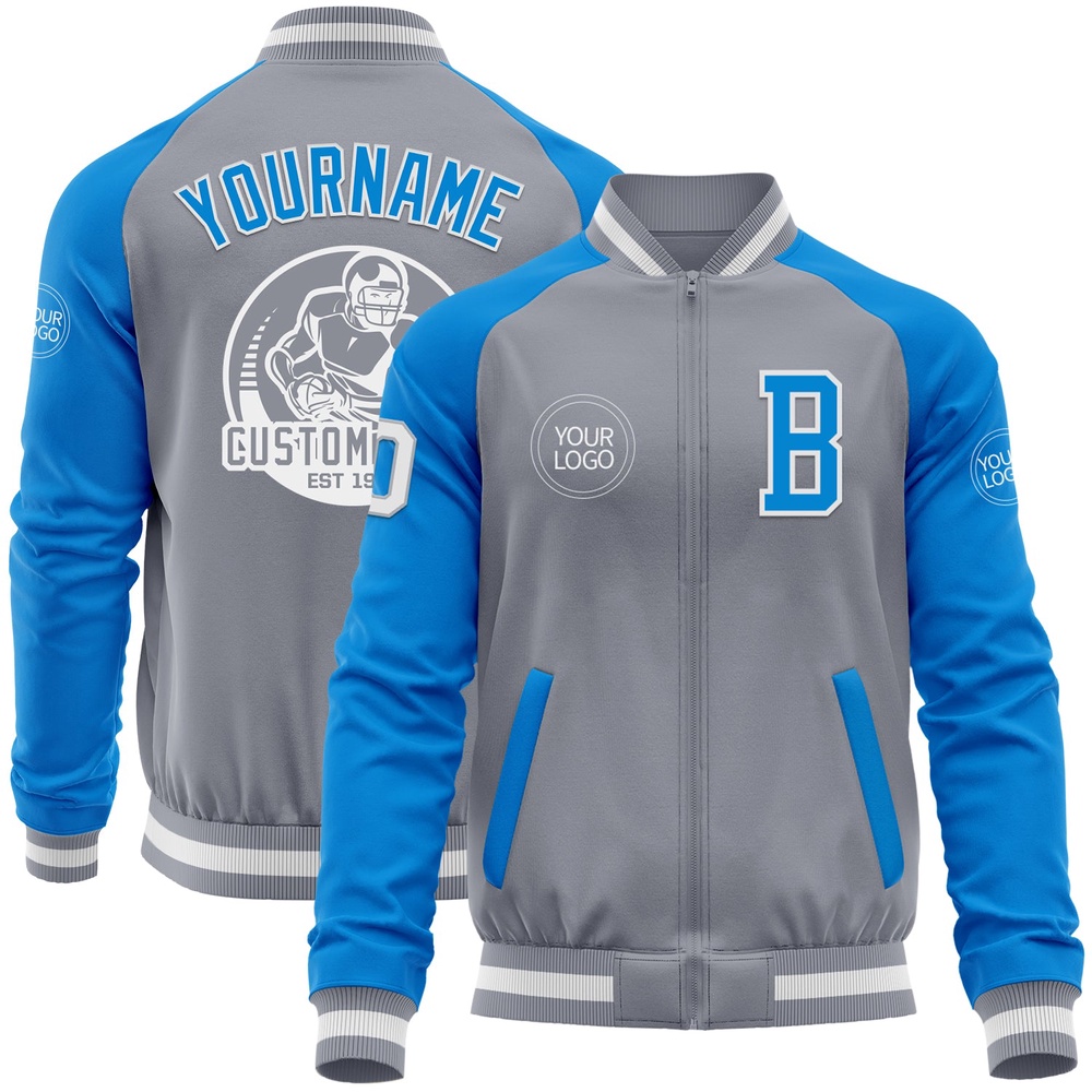 Custom Gray White Powder Blue Varsity Baseball Jacket, Custom Team Jacket