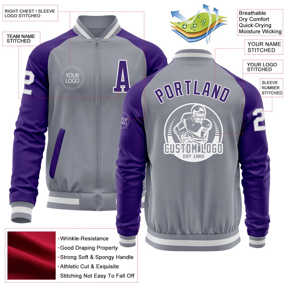 Custom Gray White Purple Varsity Baseball Jacket, Custom Team Jacket