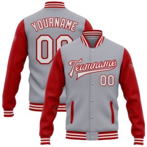 Custom Gray White Red Bomber Full Snap&hellip;