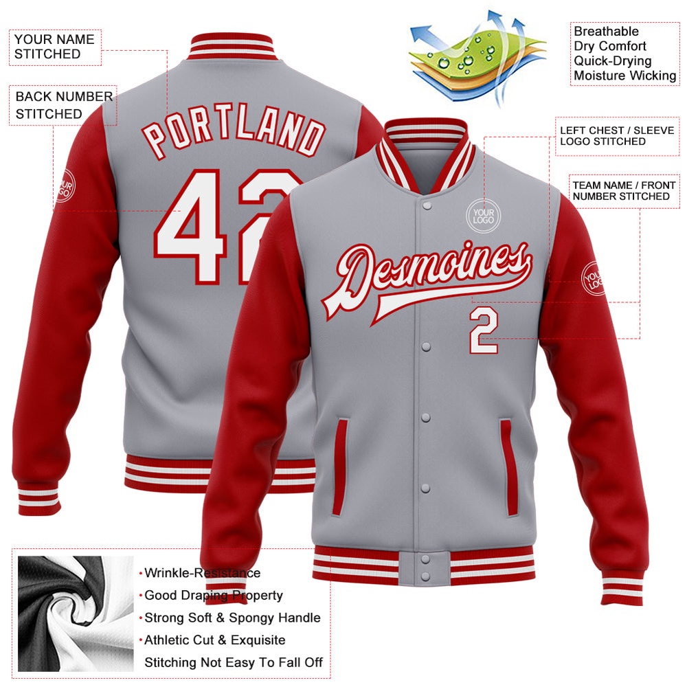 Custom Gray White Red Bomber Full Snap Varsity Baseball Jacket, Custom Team Jacket
