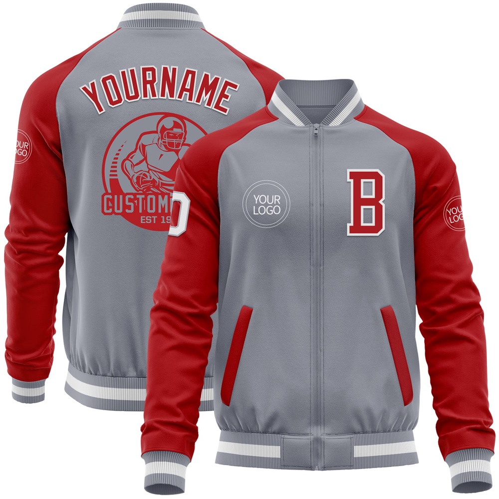 Custom Gray White Red Bomber Varsity Baseball Jacket, Custom Team Jacket