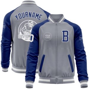 Custom Gray White Royal Bomber Varsity Baseball&hellip;