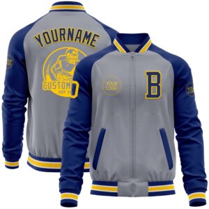 Custom Gray Yellow Royal Bomber Varsity Baseball&hellip;