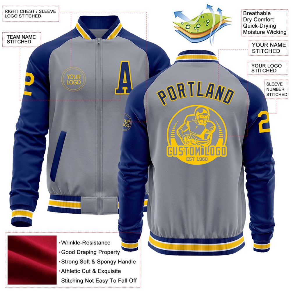 Custom Gray Yellow Royal Bomber Varsity Baseball Jacket, Custom Team Jacket