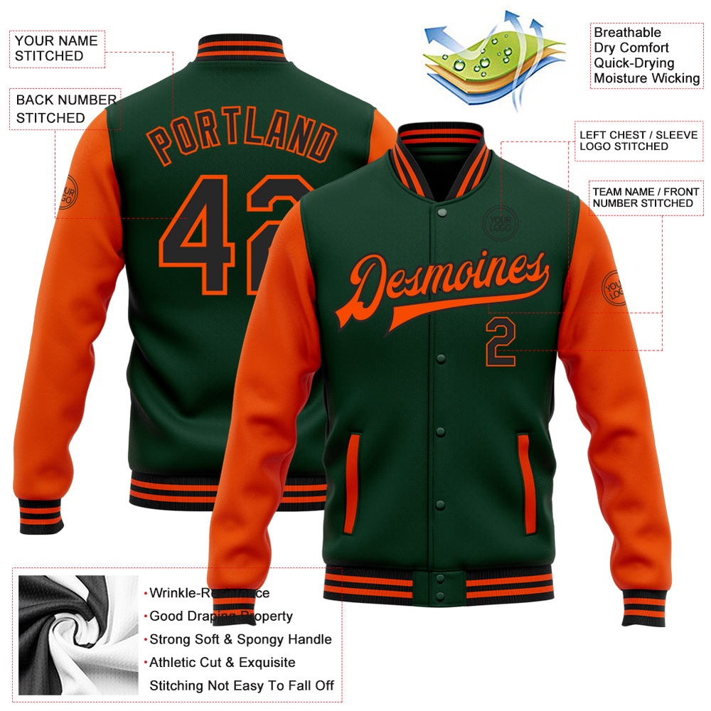 Custom Green Black Orange Bomber Full Snap Varsity Baseball Jacket, Custom Team Jacket