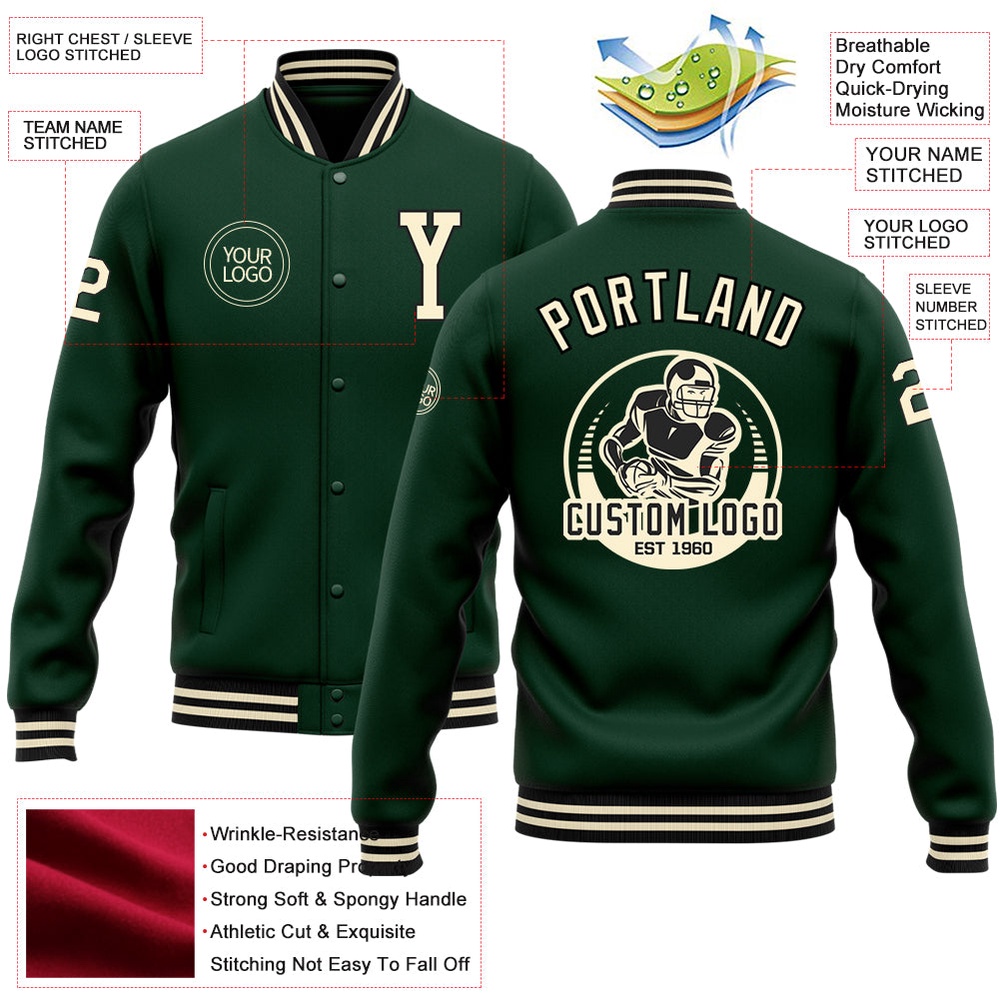 Custom Green Cream Black Bomber Full Snap Baseball Jacket, Custom Team Jacket