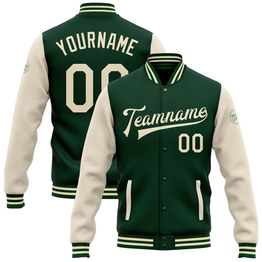Custom Green Cream Bomber Full Snap Varsity Baseball Jacket, Custom Team Jacket