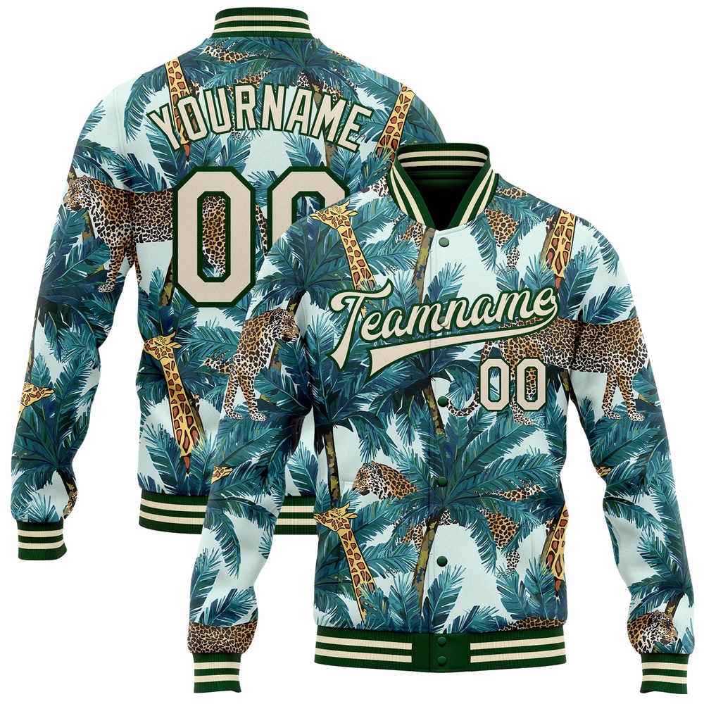 Custom Green Cream Tropical Tiger And Giraffe With Palms 3D Pattern Design Bomber Full Snap Baseball Jacket, Custom Team Jacket
