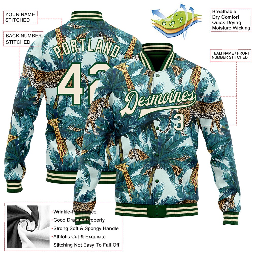 Custom Green Cream Tropical Tiger And Giraffe With Palms 3D Pattern Design Bomber Full Snap Baseball Jacket, Custom Team Jacket