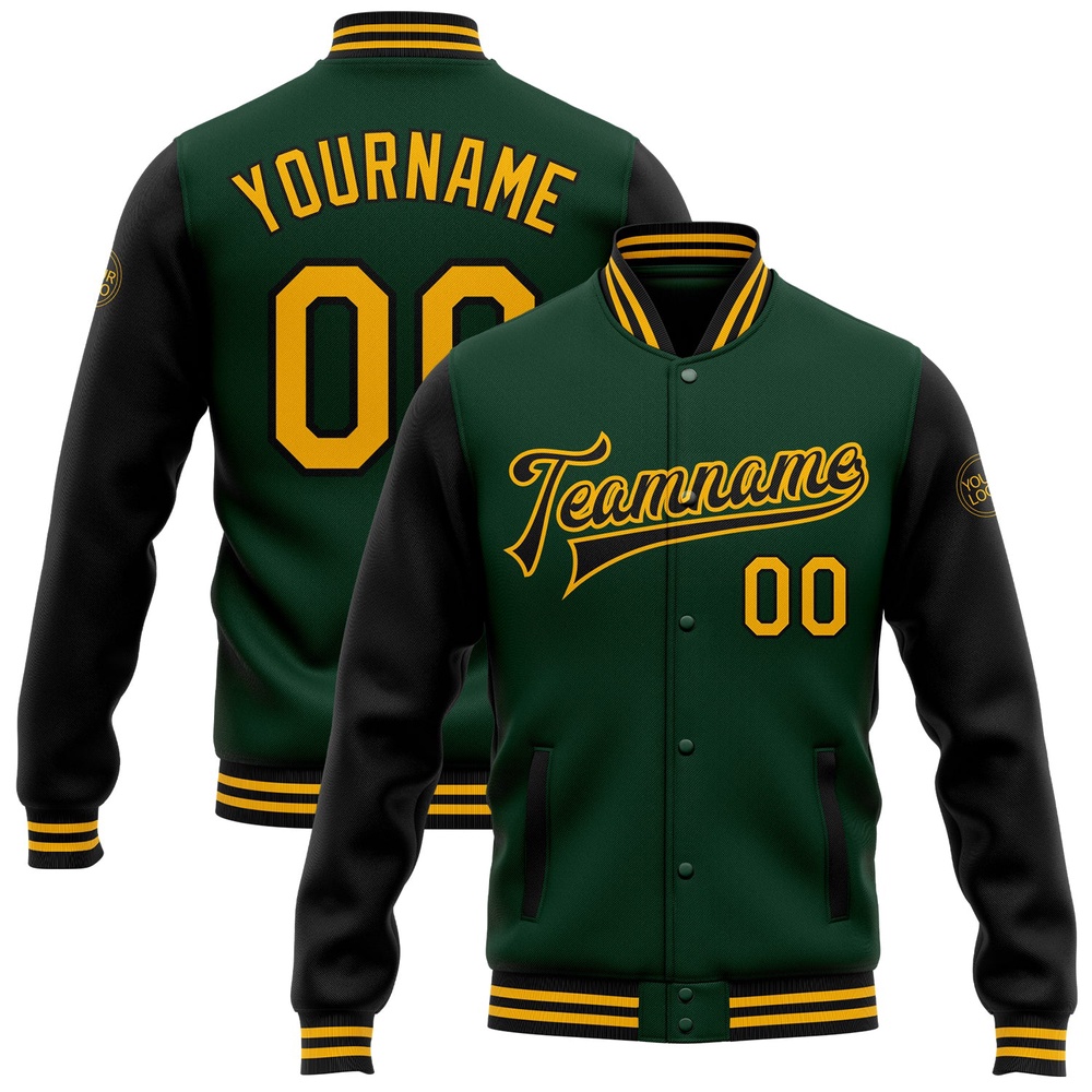 Custom Green Gold Black Bomber Full Snap Varsity Baseball Jacket, Custom Team Jacket