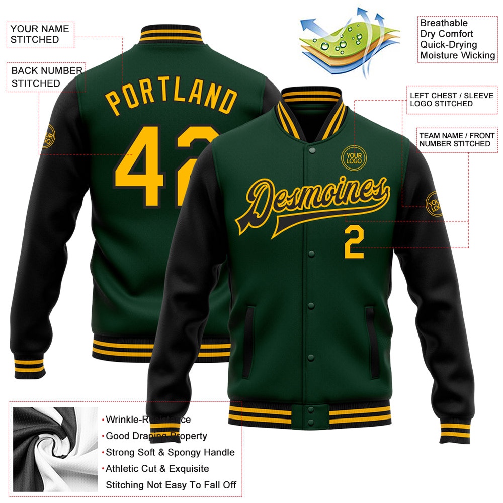 Custom Green Gold Black Bomber Full Snap Varsity Baseball Jacket, Custom Team Jacket
