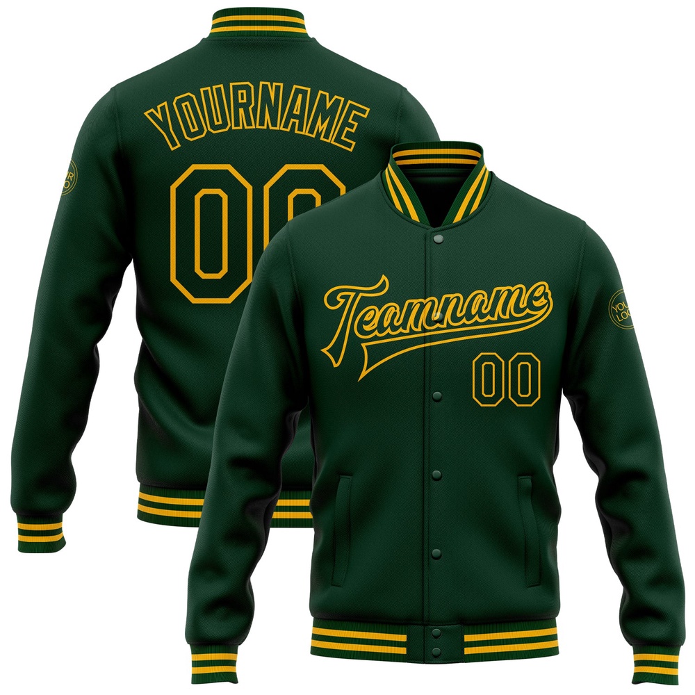 Custom Green Gold Bomber Full Snap Baseball Jacket, Custom Team Jacket
