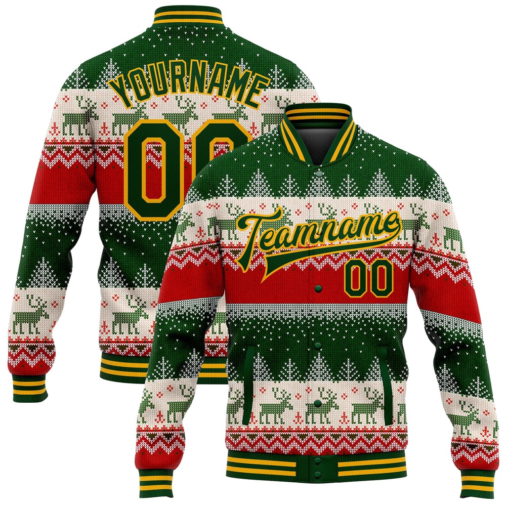 Custom Green Gold Christmas Reindeers 3D Bomber Full Snap Baseball Jacket, Custom Team Jacket