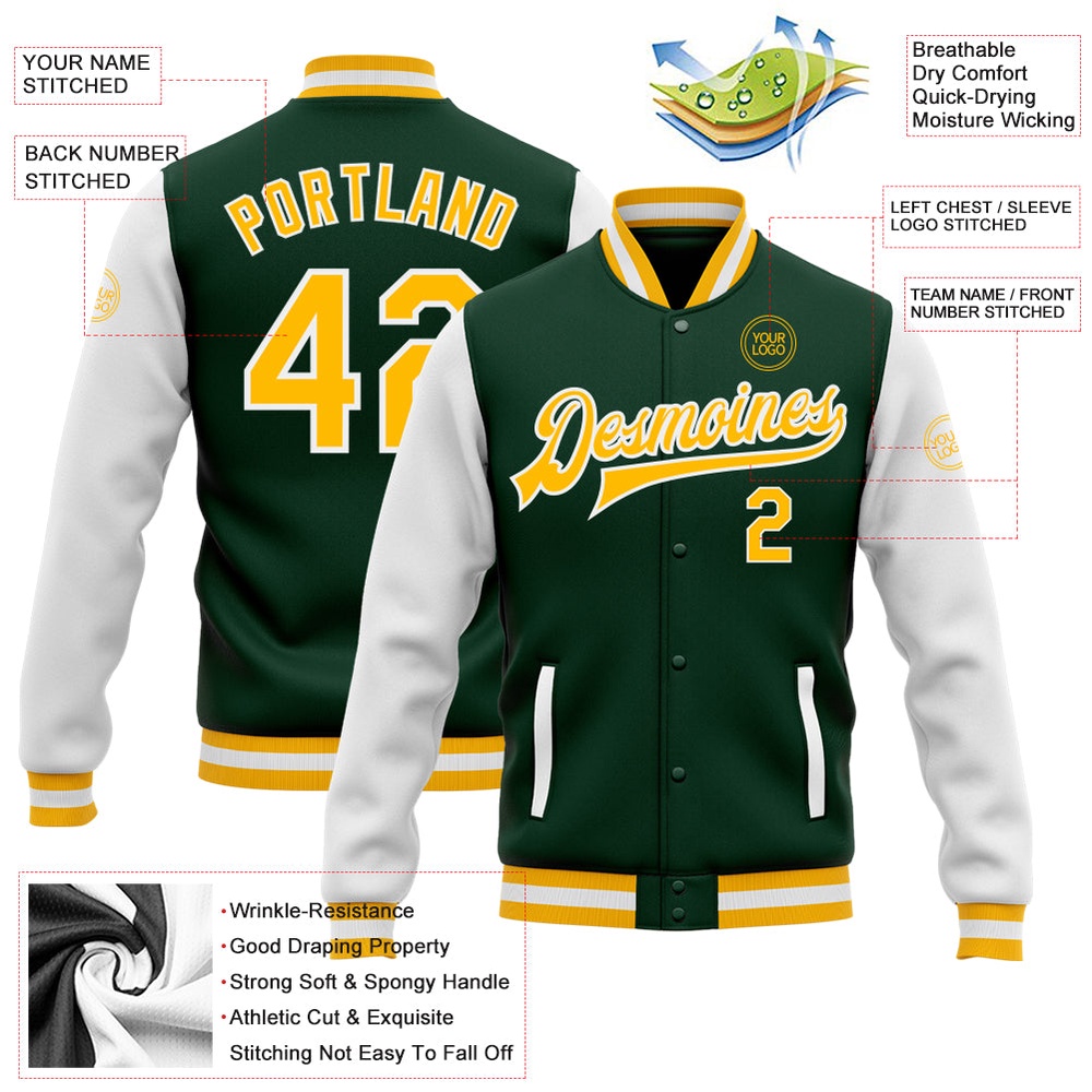 Custom Green Gold White Bomber Full Snap Varsity Baseball Jacket, Custom Team Jacket