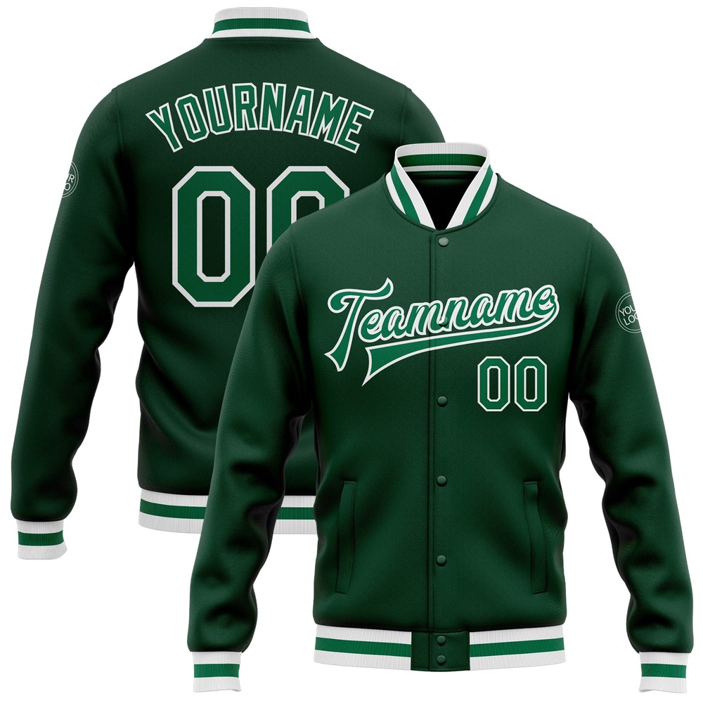 Custom Green Kelly Green White Bomber Full Snap Baseball Jacket, Custom Team Jacket