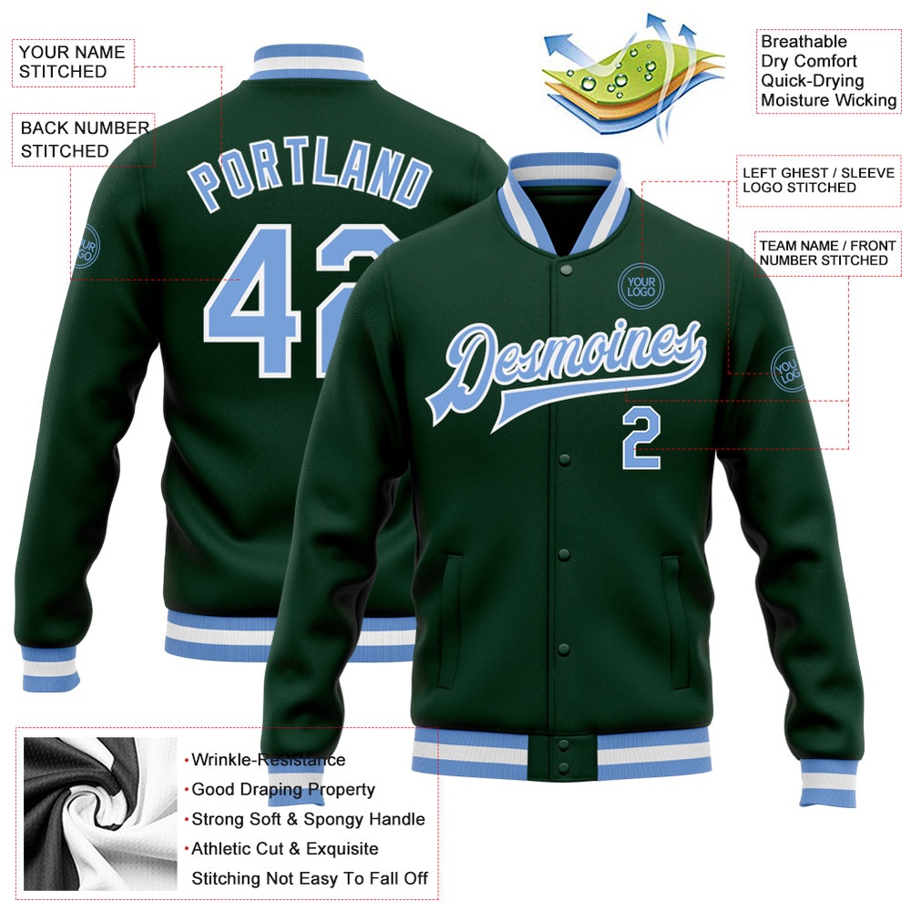 Custom Green Light Blue White Bomber Full Snap Baseball Jacket, Custom Team Jacket
