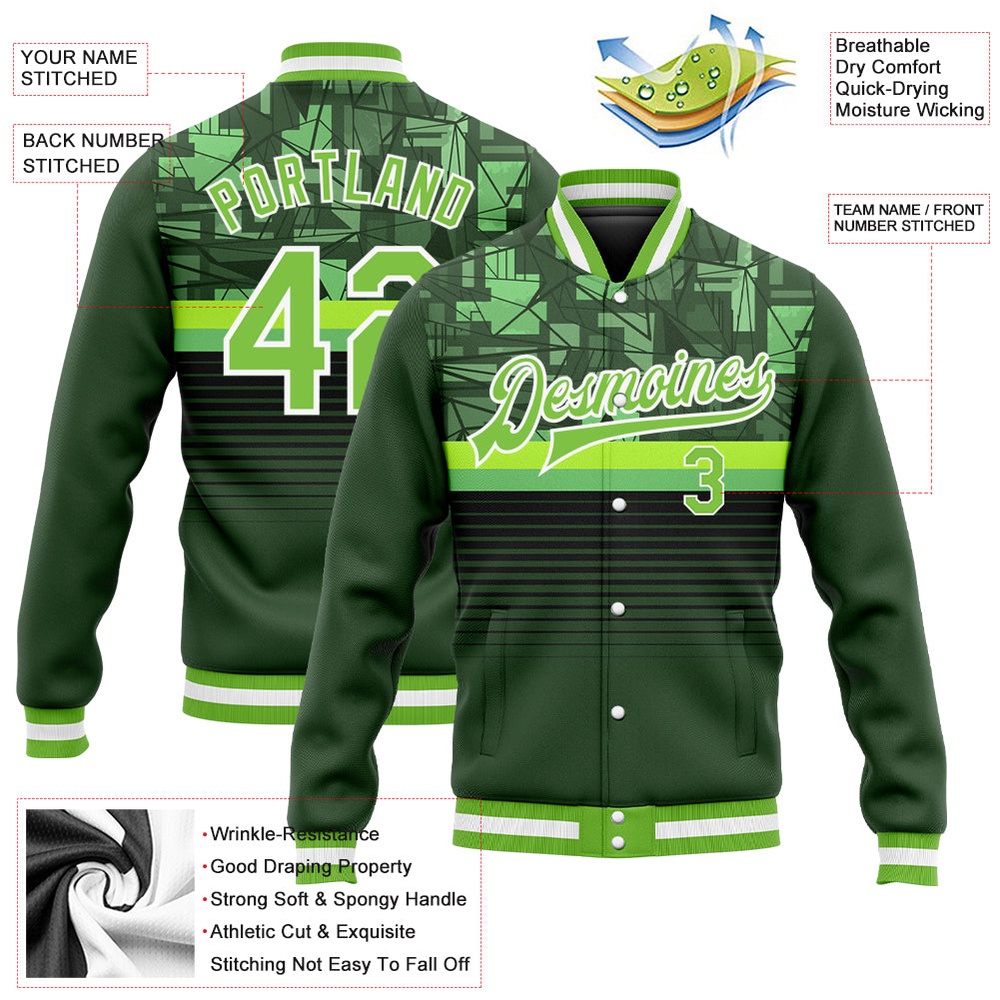 Custom Green Neon Green White 3D Pattern Design Bomber Full Snap Baseball Jacket, Custom Team Jacket