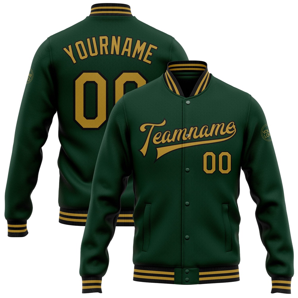 Custom Green Old Gold Black Bomber Full Snap Baseball Jacket, Custom Team Jacket