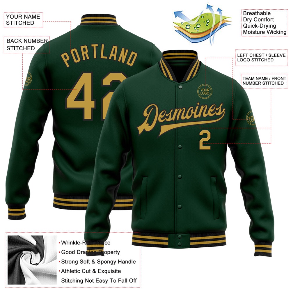 Custom Green Old Gold Black Bomber Full Snap Baseball Jacket, Custom Team Jacket