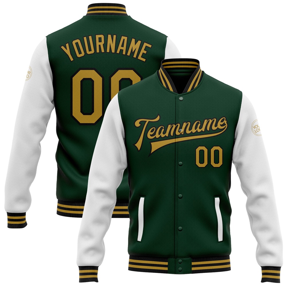 Custom Green Old Gold Black Bomber Full Snap Varsity Baseball Jacket, Custom Team Jacket