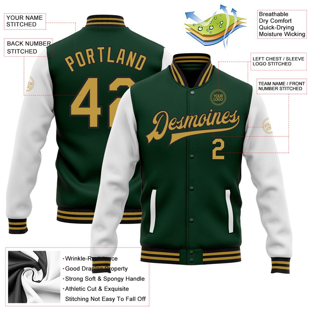 Custom Green Old Gold Black Bomber Full Snap Varsity Baseball Jacket, Custom Team Jacket