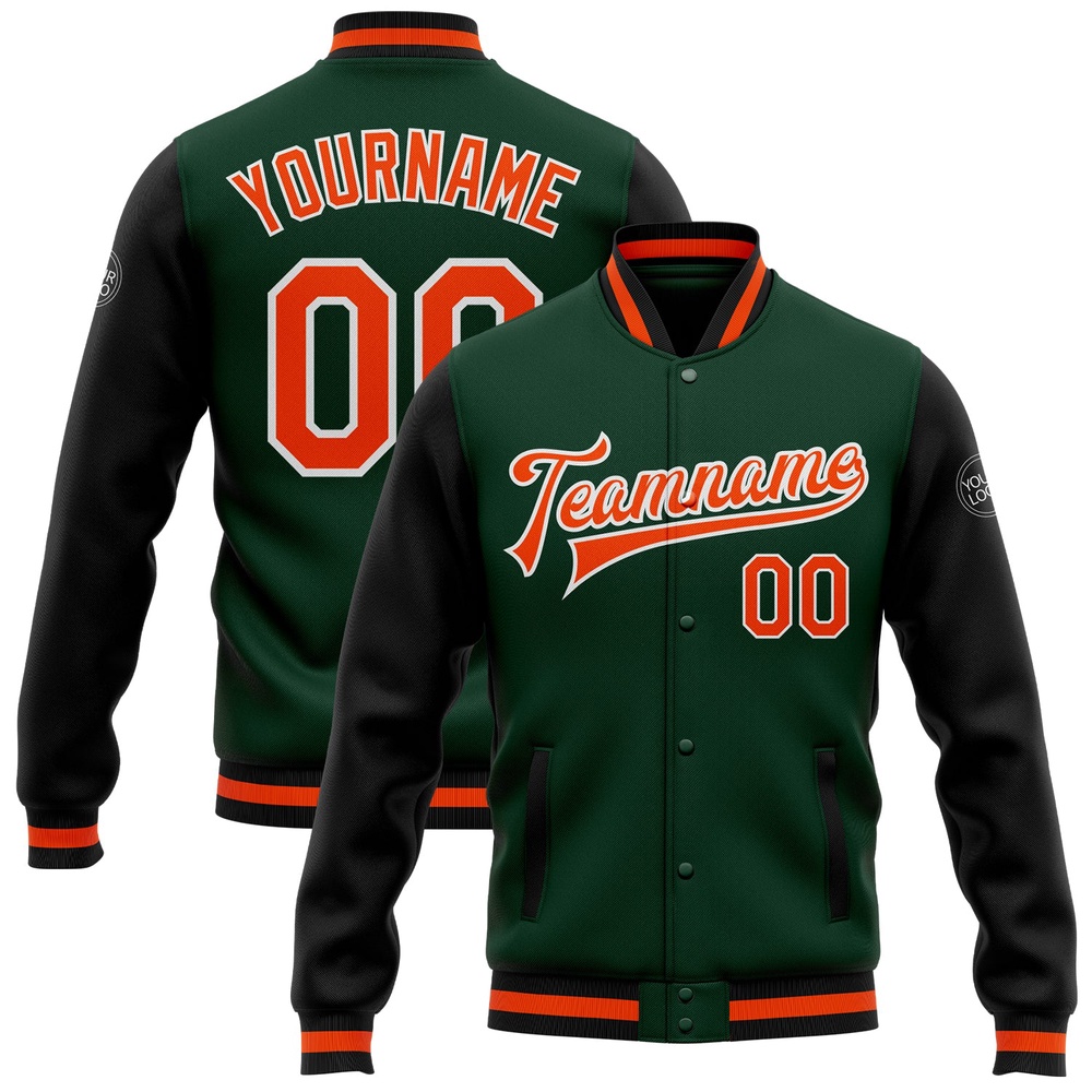 Custom Green Orange Black Bomber Full Snap Varsity Baseball Jacket, Custom Team Jacket