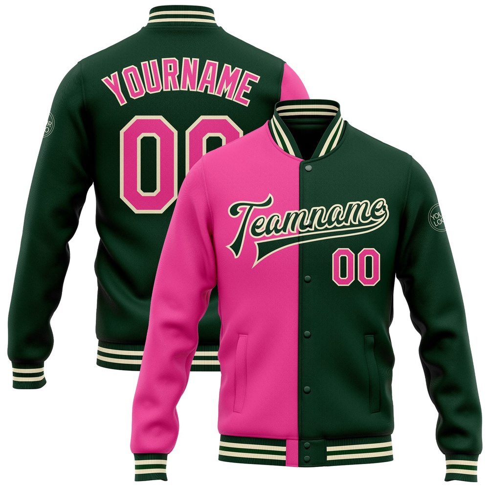 Custom Green Pink Cream Bomber Full Snap Varsity Letterman Split Fashion Jacket, Custom Team Jacket