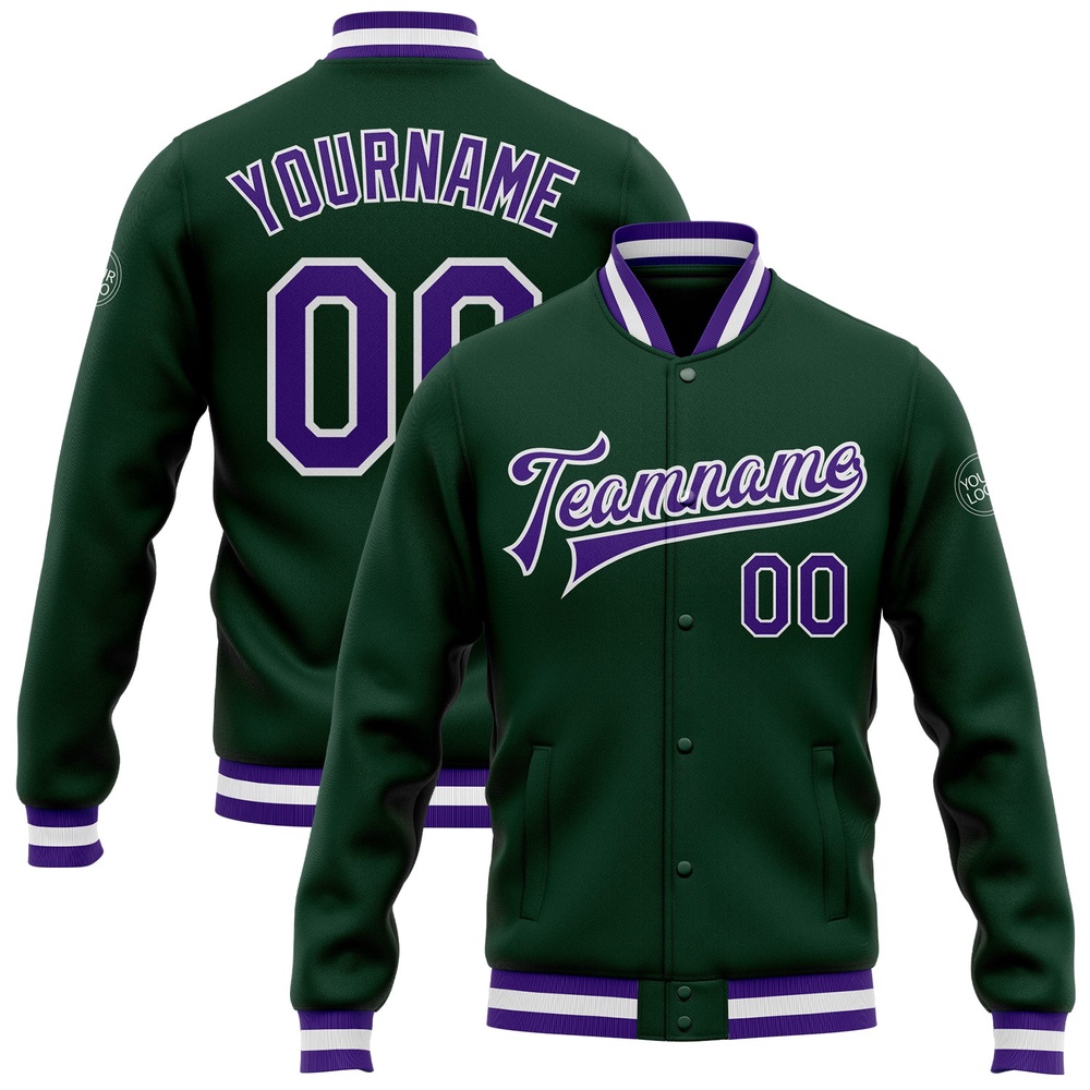 Custom Green Purple White Bomber Full Snap Baseball Jacket, Custom Team Jacket