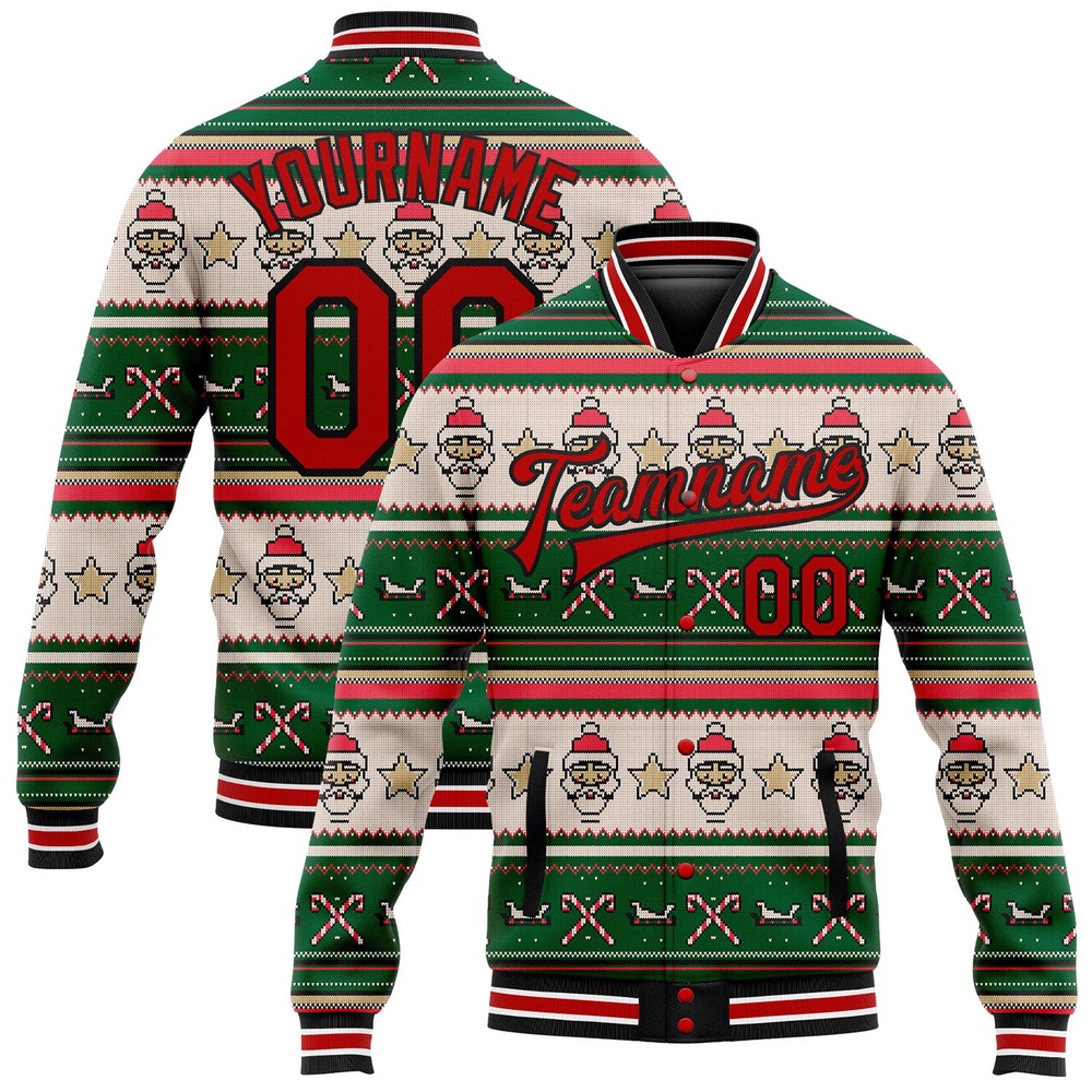 Custom Green Red Black Christmas 3D Bomber Full Snap Baseball Jacket, Custom Team Jacket