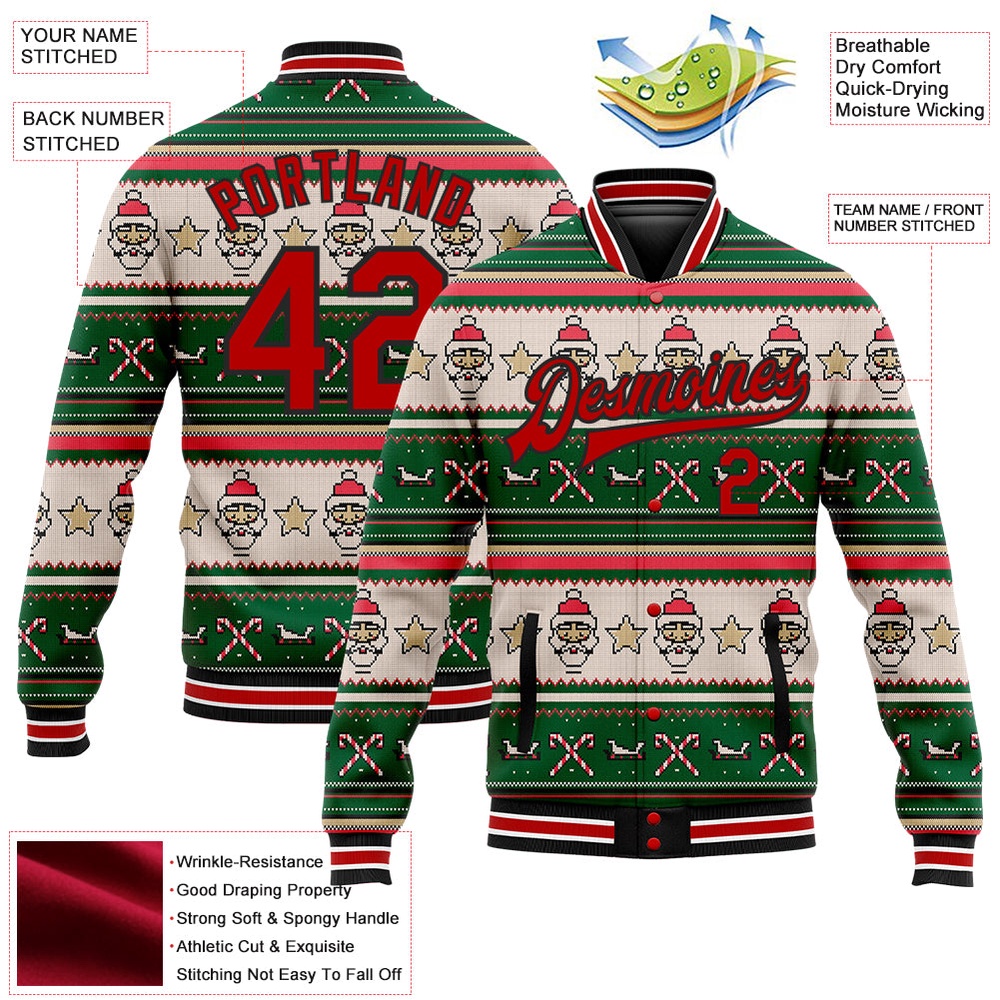 Custom Green Red Black Christmas 3D Bomber Full Snap Baseball Jacket, Custom Team Jacket