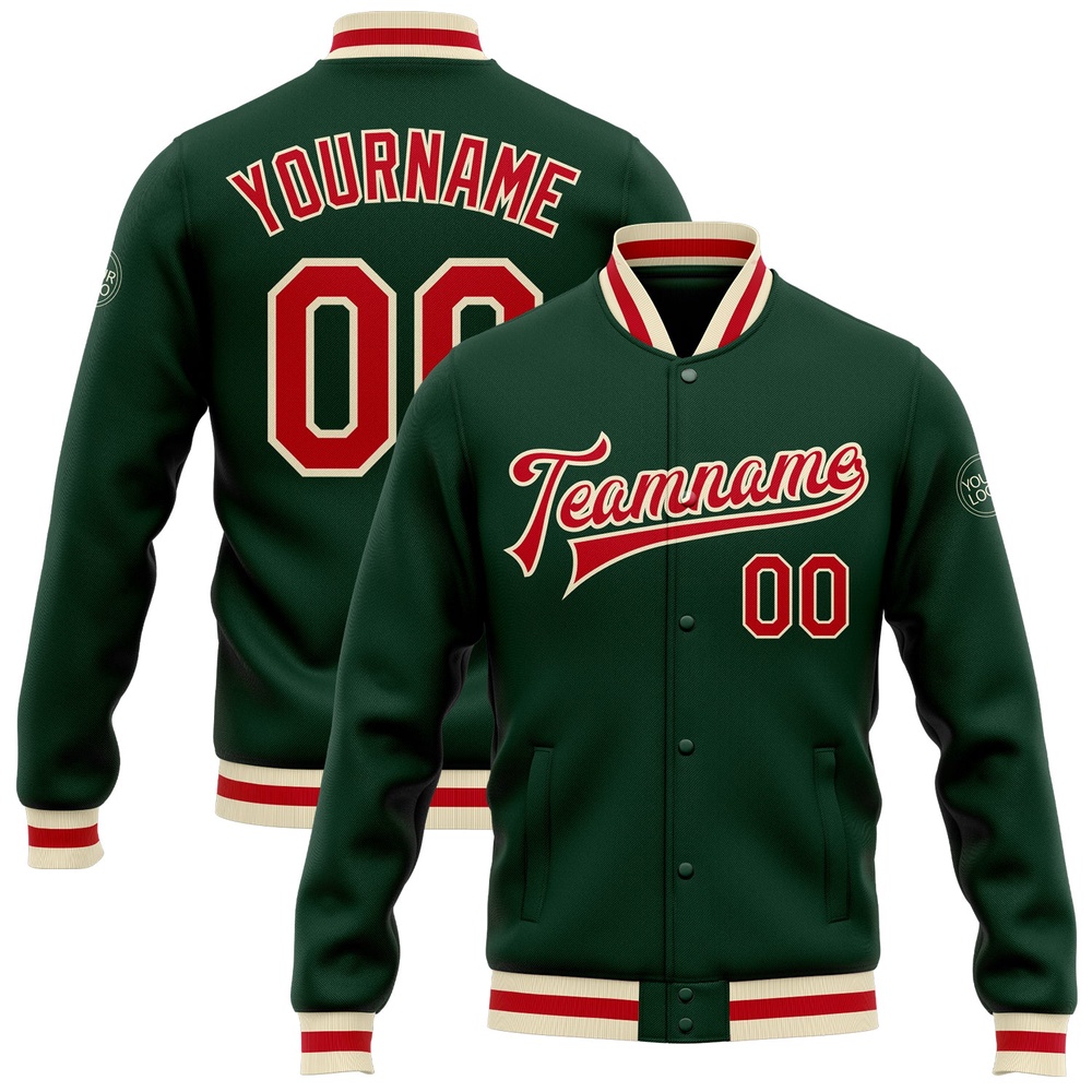 Custom Green Red Cream Bomber Full Snap Baseball Jacket, Custom Team Jacket