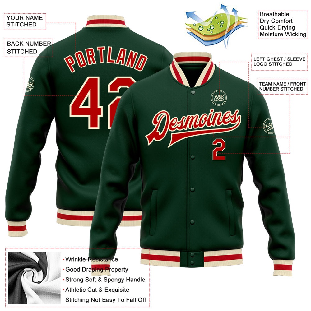 Custom Green Red Cream Bomber Full Snap Baseball Jacket, Custom Team Jacket