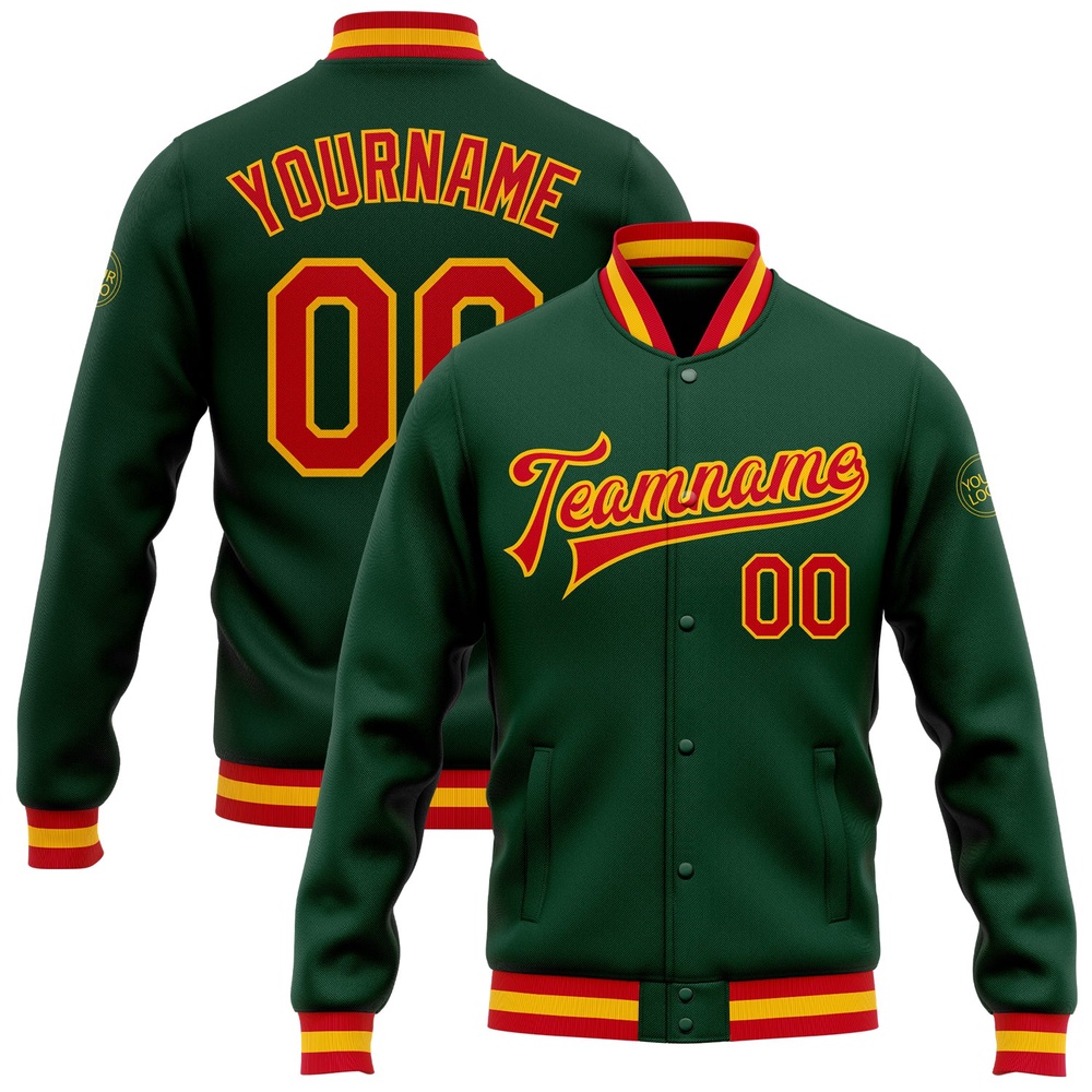 Custom Green Red Gold Bomber Full Snap Baseball Jacket, Custom Team Jacket