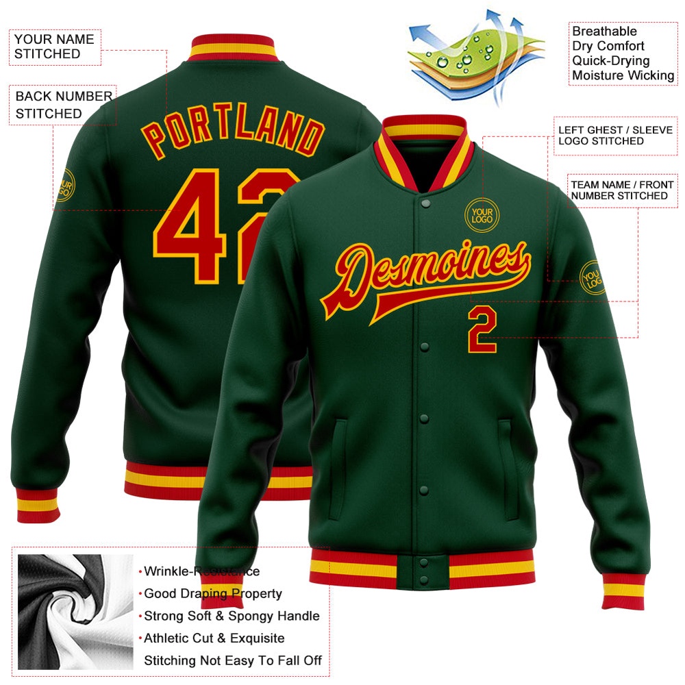 Custom Green Red Gold Bomber Full Snap Baseball Jacket, Custom Team Jacket