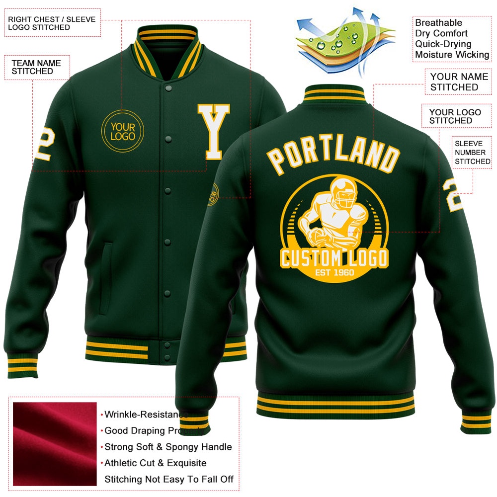 Custom Green White Gold Bomber Full Snap Baseball Jacket, Custom Team Jacket